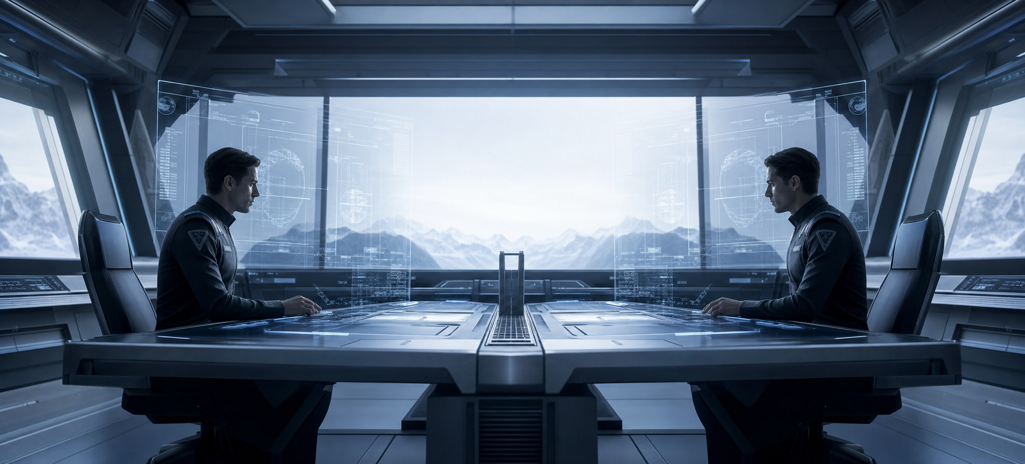 Two mirrored figures beside a glowing console in cool blue light.