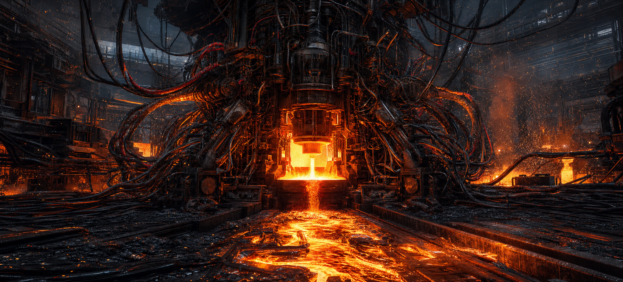 Molten cables erupting inside an industrial forge.
