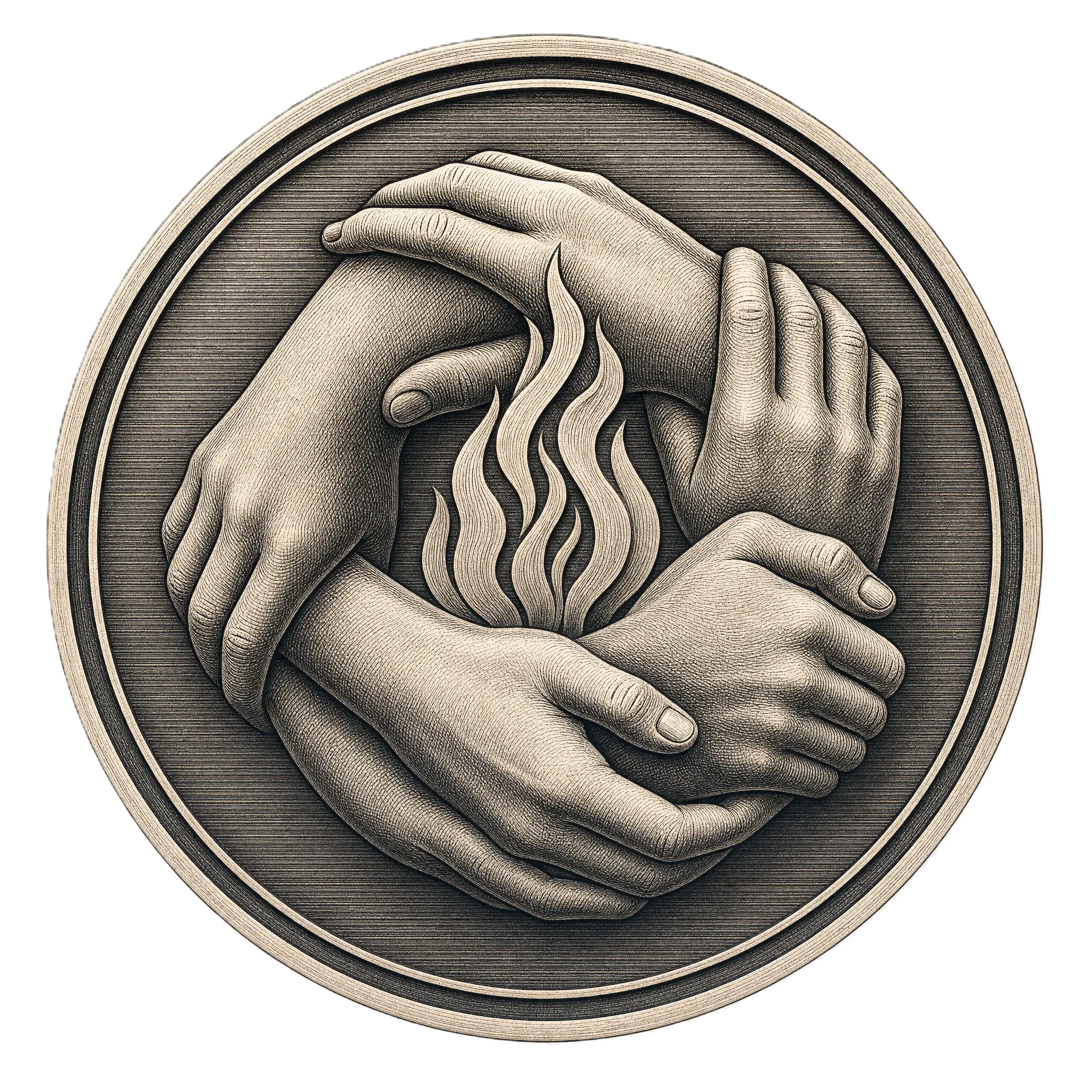 Circular seal of intertwined hands cradling a flame.