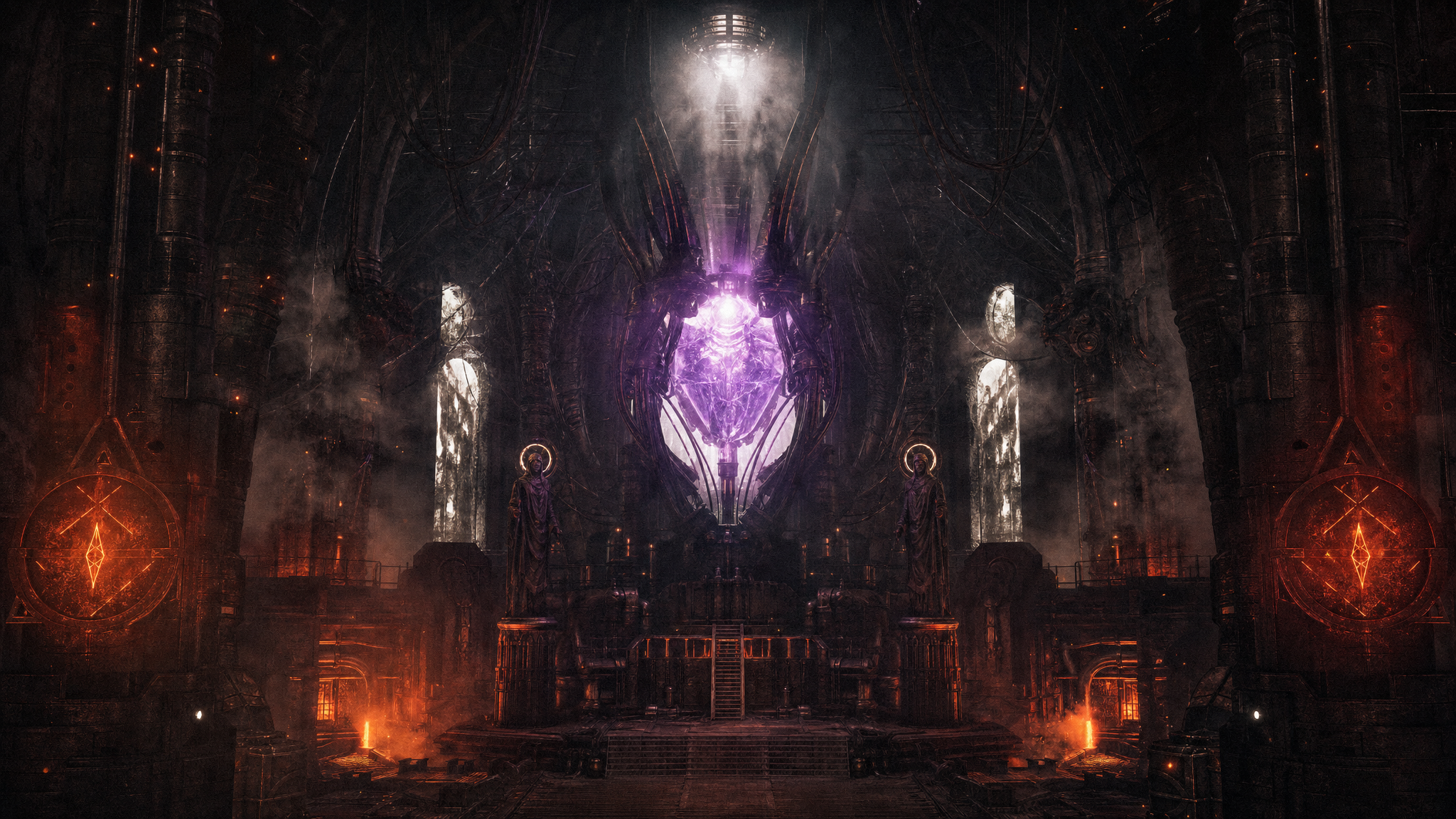Industrial cathedral forged from scorched steel and violet light.