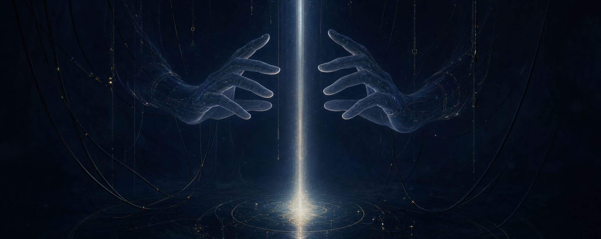 Hands guiding a beam of light without touching.