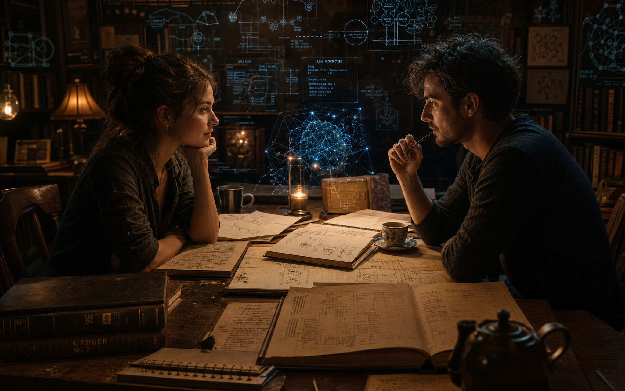 Two thinkers trading notes across a ledger-covered table with holographic schematics.