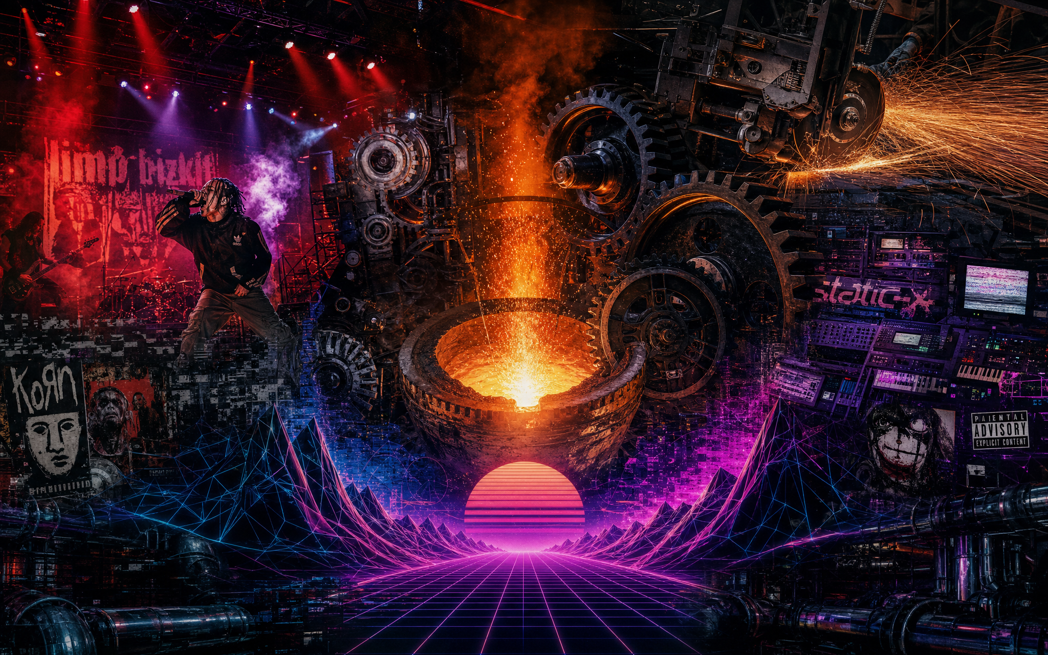 Collage of stage lights, gears, and synthwave grids fusing into one crucible.