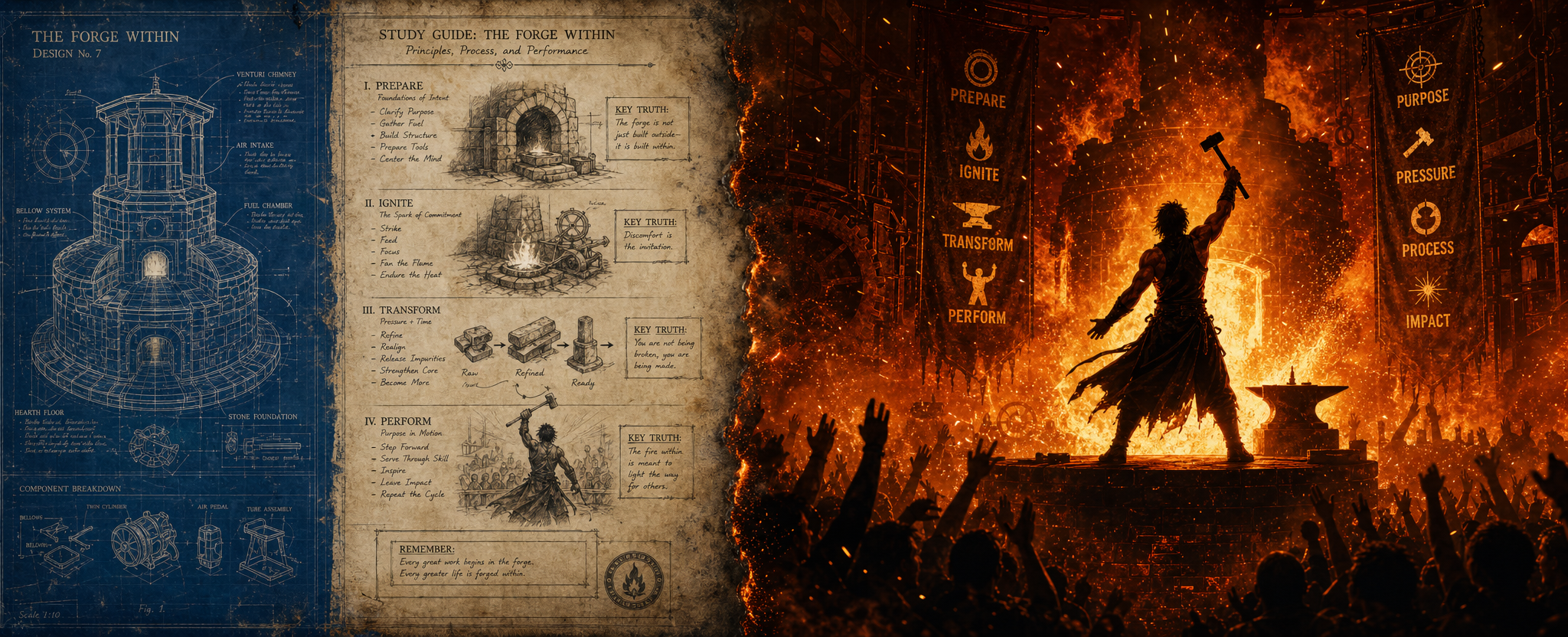 Blueprint pages blending into a blazing forge.