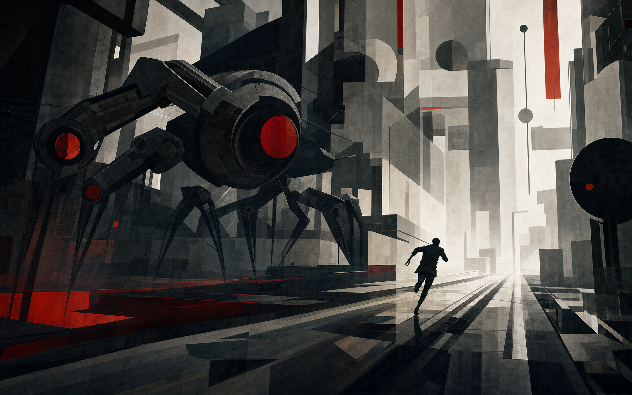 Runner silhouette tearing through a machine city under crimson searchlights.