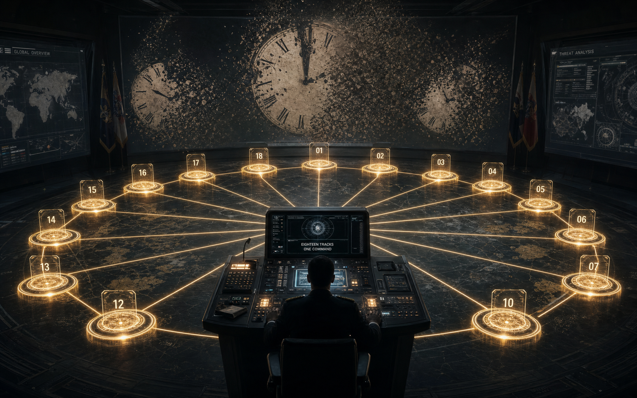 War room console linking eighteen glowing track nodes while clocks dissolve.