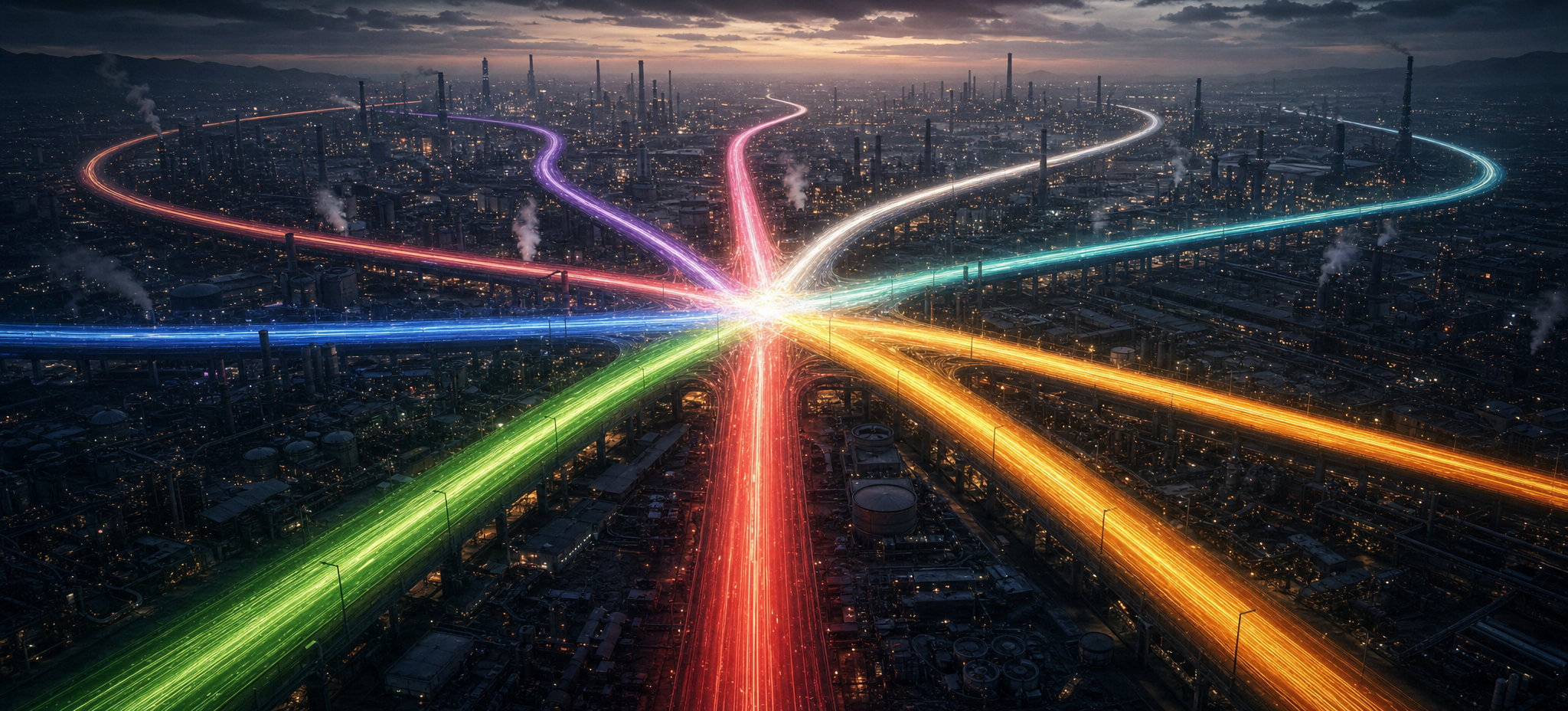 Branching luminous highways representing alternate outcomes.
