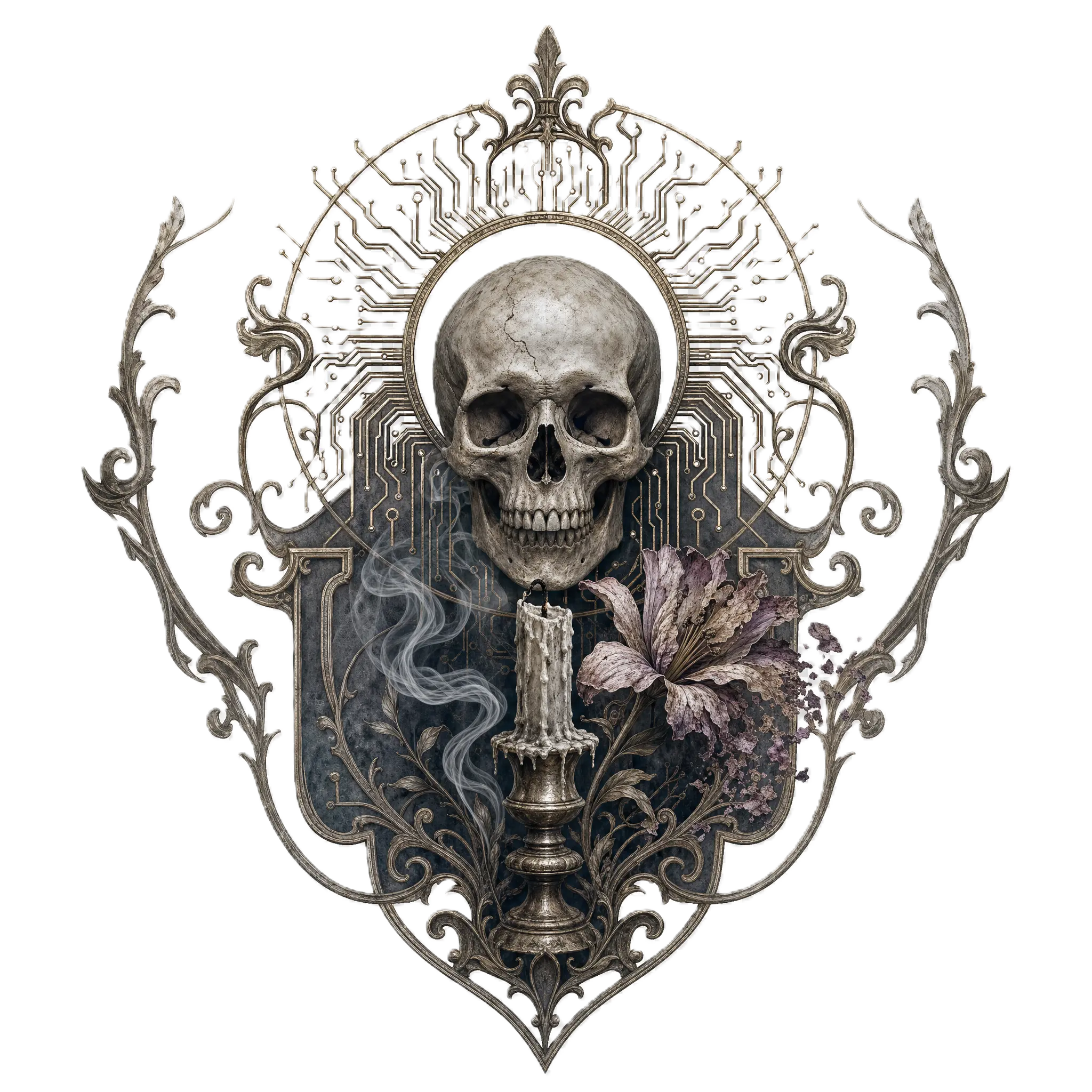 Heraldic crest of skull, candle, and flower woven with circuitry.